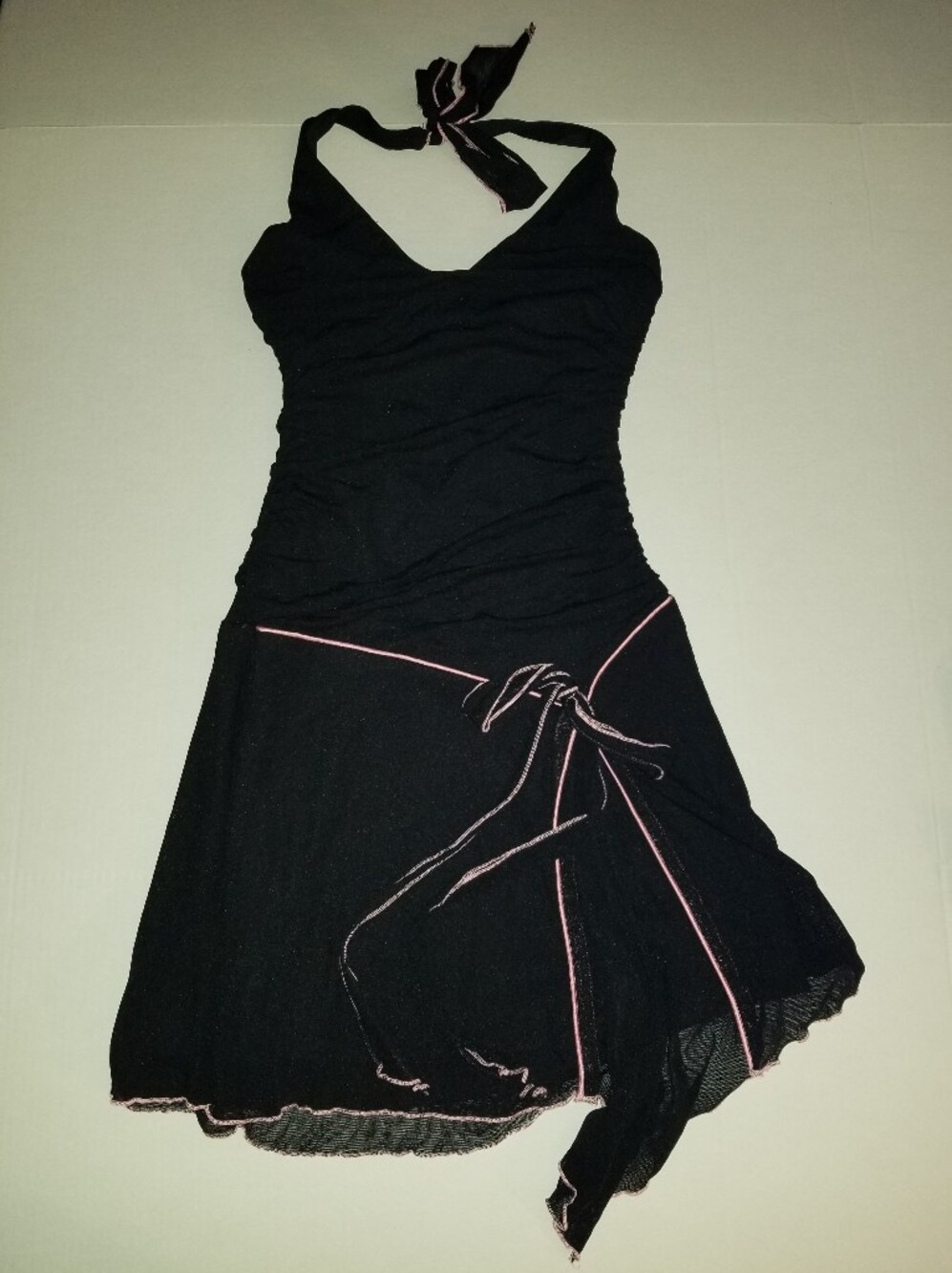Black V Neck Sleeveless Halter Tank Womens Stretch Dress Pink Accents Medium